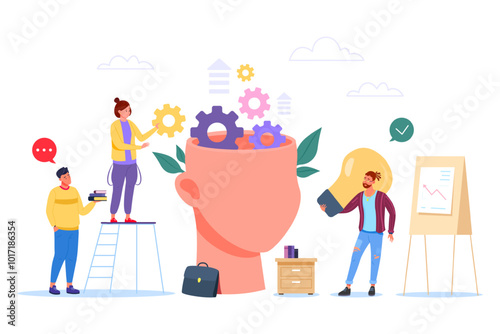 Put knowledge in head. People putting cog gear wheels with idea in brain inside, intelligence mental training skill development learning strategy brainstorming vector illustration