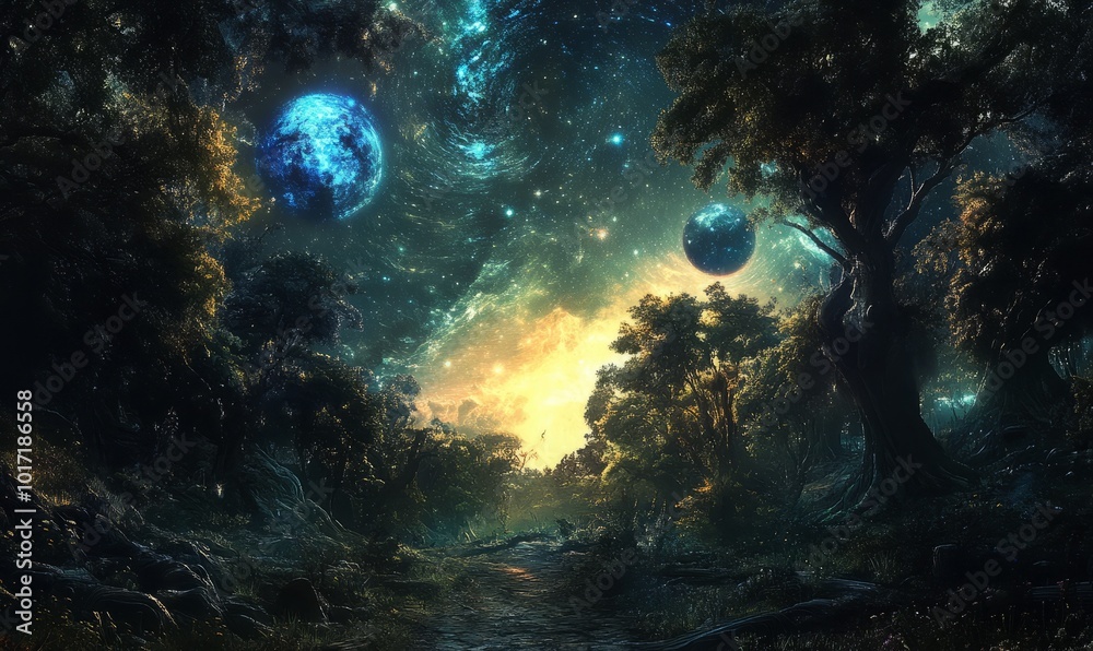 Fototapeta premium Panorama over space forest