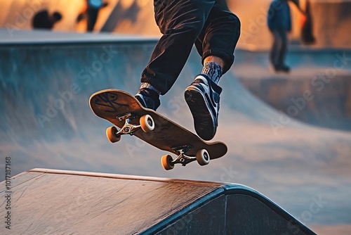 Skateboarder jumping over ramp in skatepark at sunset, capturing sport's energy and style. Shows balance, freedom, and fun of urban youth hobby