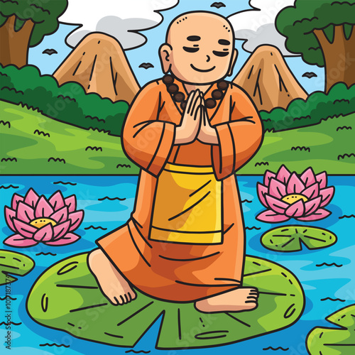 Buddhism Buddha Walking on Lily Pads Colored 