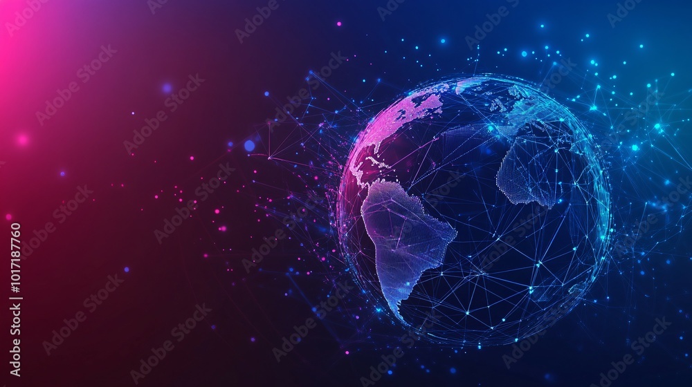 Obraz premium A digital representation of the Earth with glowing lines and dots connecting continents.