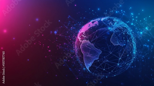 A digital representation of the Earth with glowing lines and dots connecting continents.