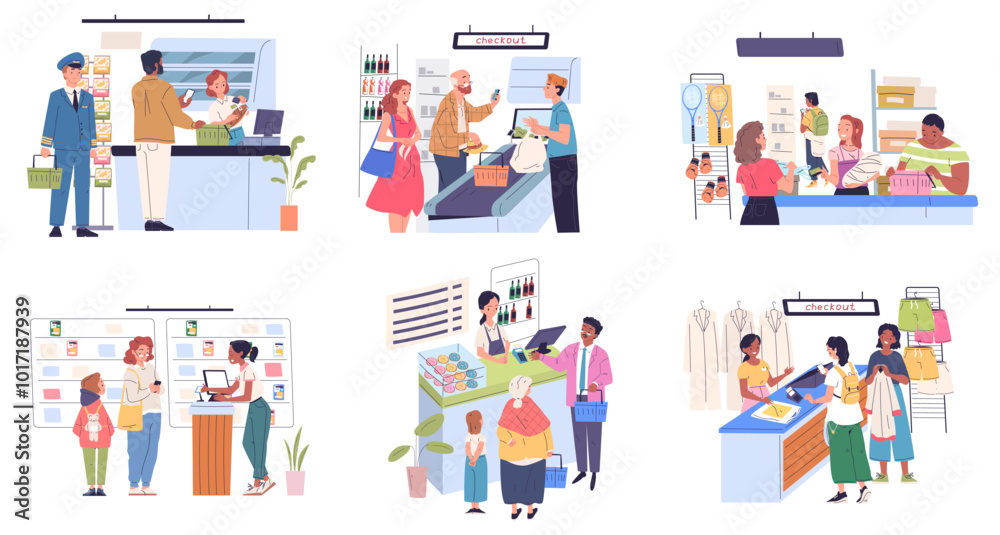 Consumers at checkout. Customer buy paying purchase at cashier counter desk in retail store or cafe service, supermarket seller work shop consumer client classy vector illustration Consumers at checkout. Customer buy paying purchase at cashier counter desk in retail store or cafe service, supermarket seller work shop consumer client classy vector illustration