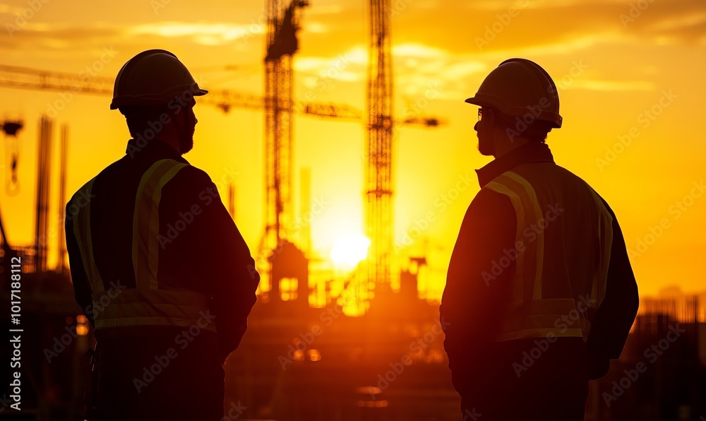 Two construction workers, silhouetted by the setting sun, stand at a construction site with equipment and cranes visible in the background, emphasizing the work environment Two construction workers, silhouetted by the setting sun, stand at a construction site with equipment and cranes visible in the background, emphasizing the work environment