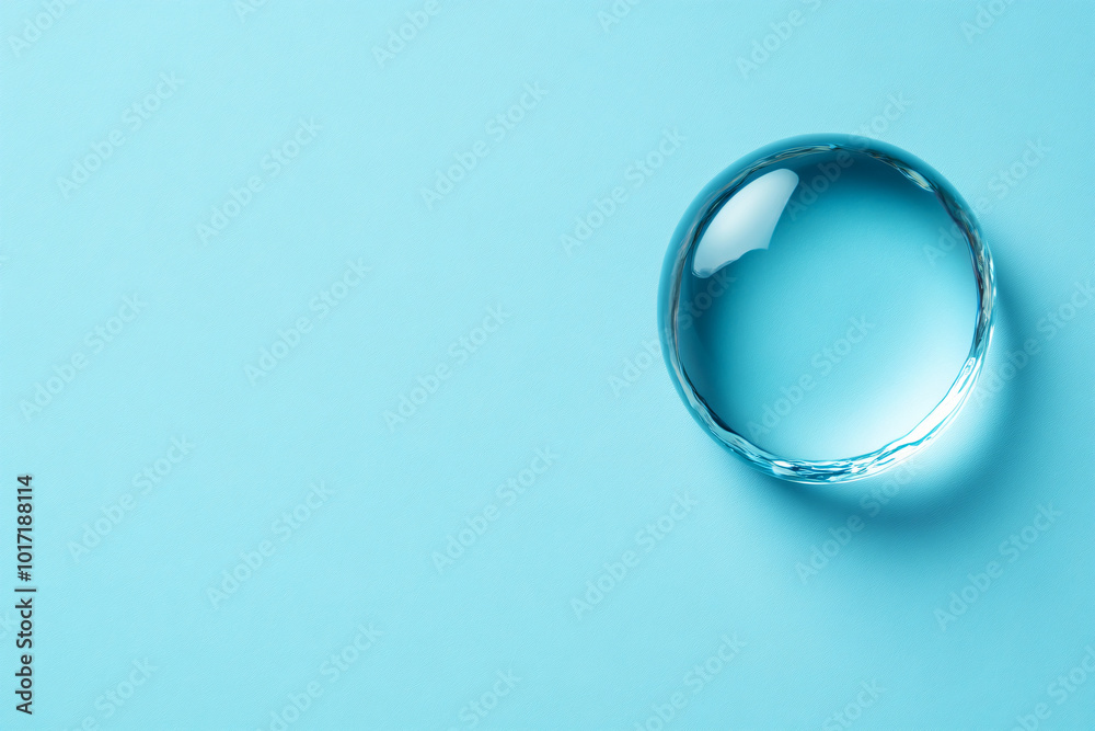 Large drop of liquid water, oil, rain on blue background. Macro water drop falling on water. Cosmetic moisturizing concept. Save clean water, ecology concept Water conservation Large drop of liquid water, oil, rain on blue background. Macro water drop falling on water. Cosmetic moisturizing concept. Save clean water, ecology concept Water conservation