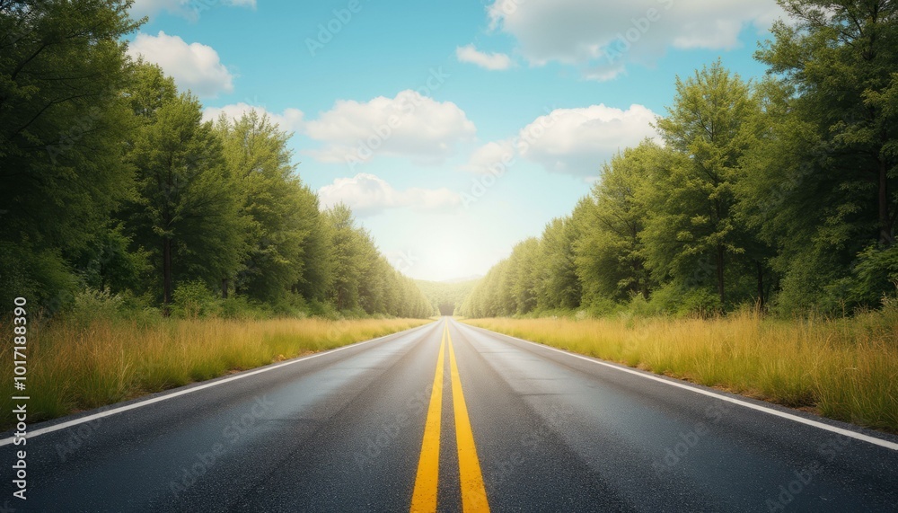 Road Fork Surrounded by Trees and Tall Grass Under Blue Sky Road Fork Surrounded by Trees and Tall Grass Under Blue Sky