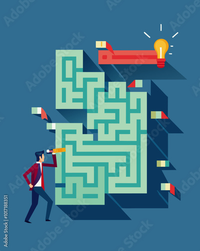 A maze with walls made out of bills and a person navigating through it with a flashlight symbolizing the overwhelming and confusing experience of managing multiple debts.. Vector illustration