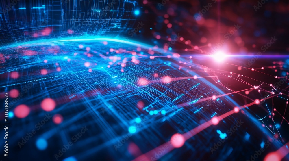 Abstract Digital Network with Blue and Red Lights