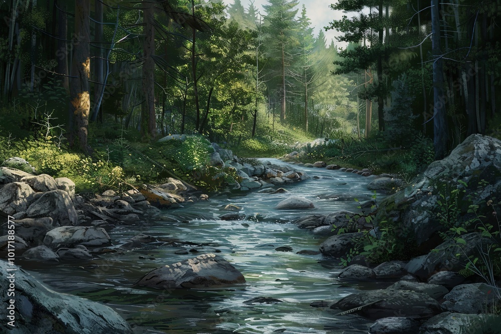 A serene river meanders through a vibrant forest, dappled with sunlight, creating a peaceful morning atmosphere in nature. Generative AI A serene river meanders through a vibrant forest, dappled with sunlight, creating a peaceful morning atmosphere in nature. Generative AI