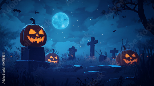 Halloween night background with pumpkins and headstones in a graveyard illustration, in the style of a cartoon,
