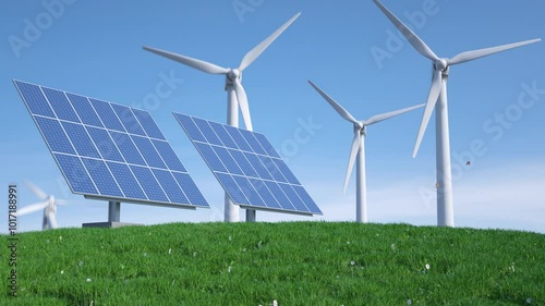 Nature landscape with solar panels and wind turbines. Realistic 3d animation.