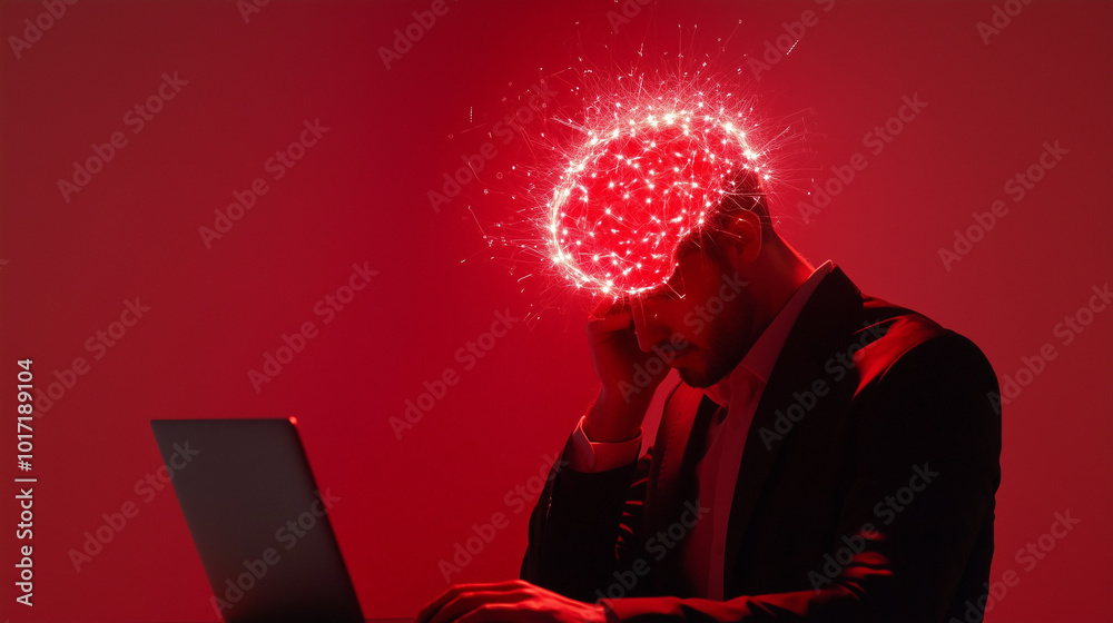 illustration of a man during thinking process during laptop work. brain radiating red lights representing strong mental focus. isolated on red background illustration of a man during thinking process during laptop work. brain radiating red lights representing strong mental focus. isolated on red background