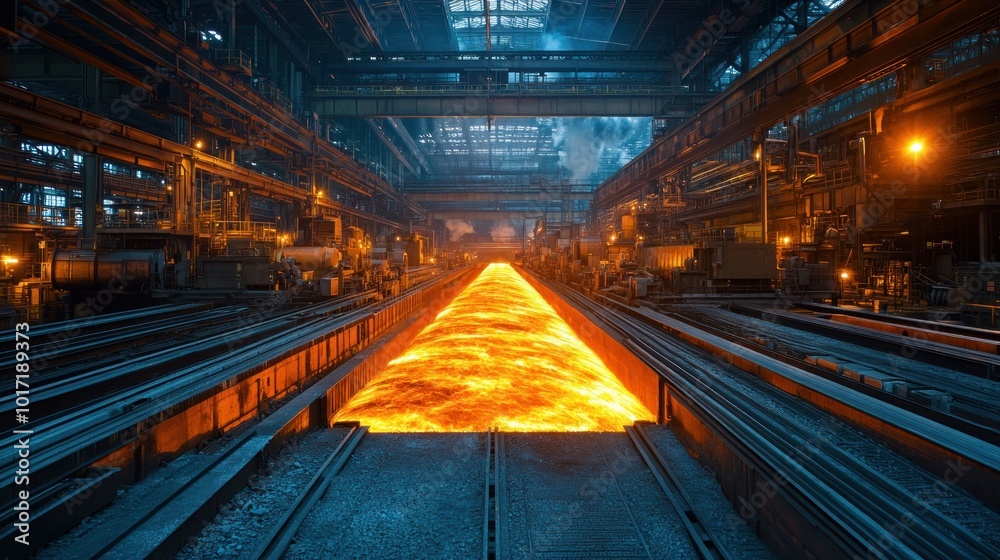 Fototapeta premium Molten Metal Flowing Through a Steel Mill
