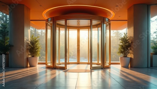 Modern Glass Revolving Door in Lobby with Tile Floor and Potted Plants photo