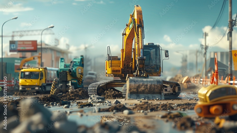 Heavy machinery including excavators and trucks are actively performing construction tasks in a bustling urban environment under bright skies. Generative AI