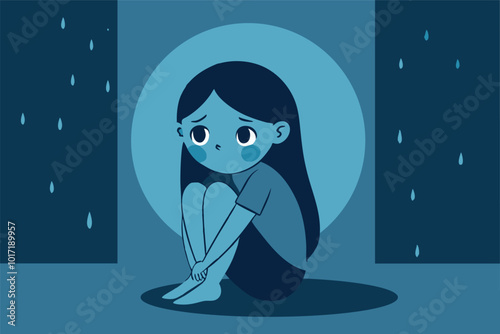 Sad girl in depression sitting in the dark room. Mental health problems concept design	