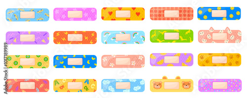 Kid plasters. Cute adhesive bandages for baby children first aid, colorful sterile plaster decoration elements medical patch funny sticky strip sticker neat vector illustration