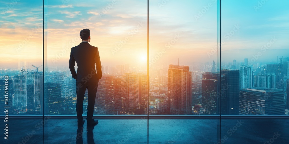 A businessman gazing at an urban skyline during sunset, reflecting ambition and inspiration. A businessman gazing at an urban skyline during sunset, reflecting ambition and inspiration.
