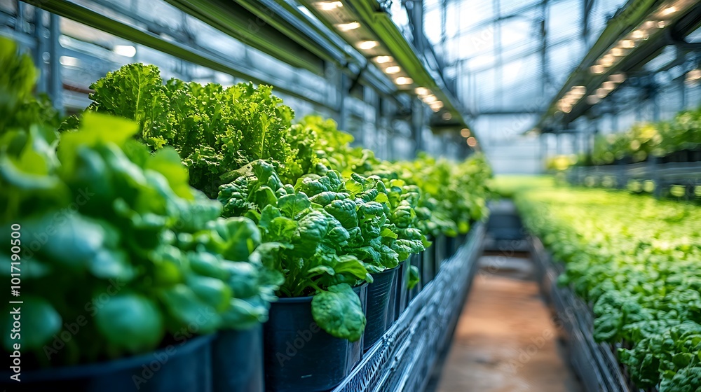 A panoramic view of a modern indoor vertical farm, with multiple levels of leafy greens growing in hydroponic systems, surrounded by bright LED lighting and advanced climate control equipment. A panoramic view of a modern indoor vertical farm, with multiple levels of leafy greens growing in hydroponic systems, surrounded by bright LED lighting and advanced climate control equipment.