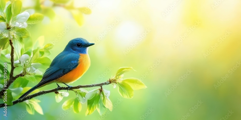 Obraz premium Colorful bird perched on a branch amidst vibrant green leaves and soft sunlight.