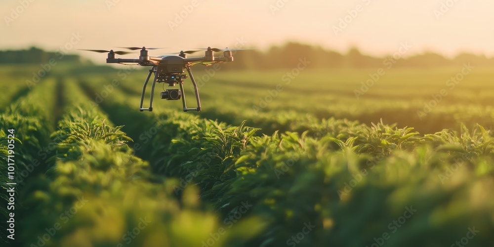 Drone flying over green fields during sunset, capturing agricultural data and enhancing crop management. Drone flying over green fields during sunset, capturing agricultural data and enhancing crop management.