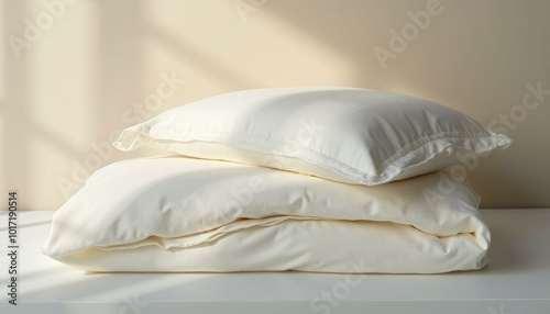 Plush White Tencel Lyocell Sheet Set with Stacked Pillows on White Surface photo