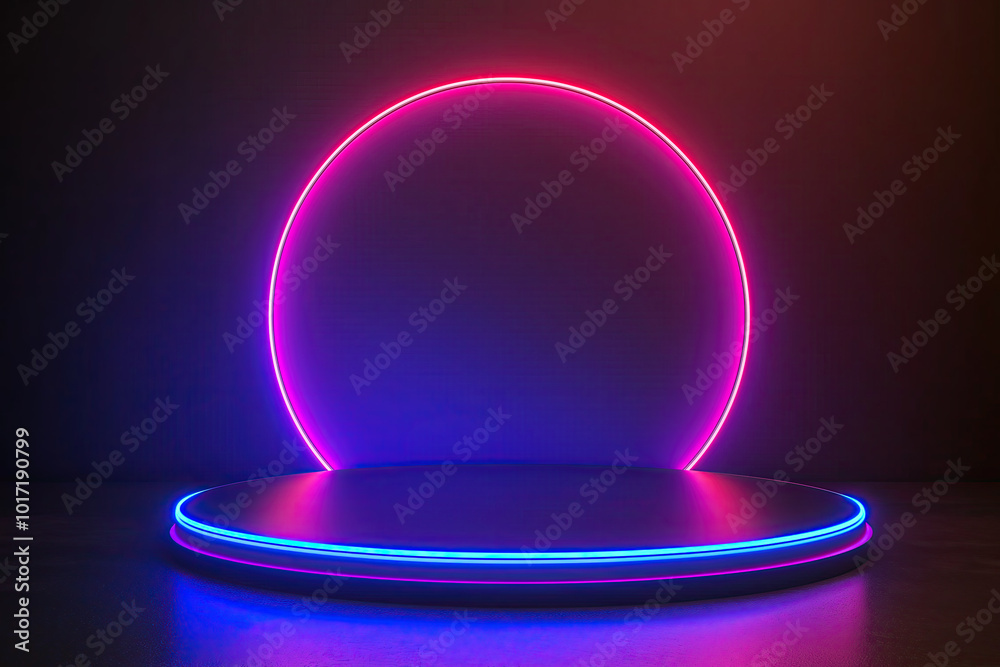 product presentation podium, empty blue neon plate, round platforms with pink neon circle in dark background, empty stage, display mockup, copy space, photorealistic product presentation podium, empty blue neon plate, round platforms with pink neon circle in dark background, empty stage, display mockup, copy space, photorealistic