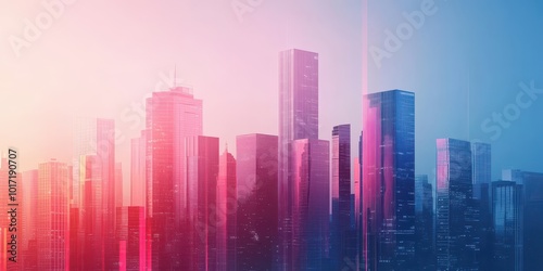 Stunning city skyline at sunset, showcasing modern skyscrapers in vibrant colors against a beautiful sky.