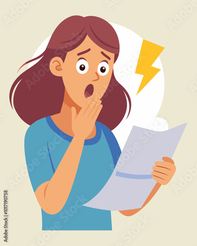 A mother covers her mouth in shock as she reads the exorbitant cost of their electricity usage on their monthly utility statement.. Vector illustration