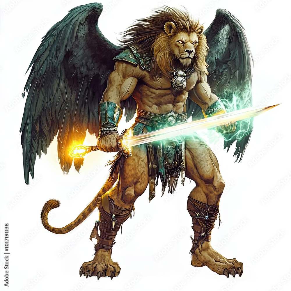 Handsome hero with lion legs and eagle wings, holding a glowing sword, mythical and surreal Handsome hero with lion legs and eagle wings, holding a glowing sword, mythical and surreal