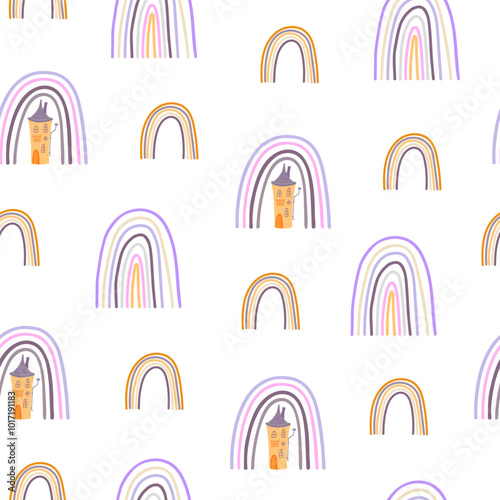 Halloween rainbow seamless pattern, simple hand drawn repeat illustration in trendy pastel colors, minimalist concept perfect for textile, celebration decor, cards, gift paper, papercraft