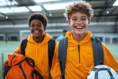 Two young boys sporting orange hoodies in an indoor soccer setting  beaming with excitement and holding a soccer ball  showcasing enthusiasm and friendship.