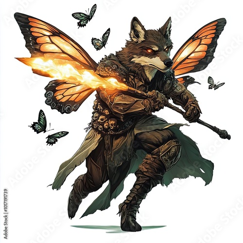 A hero with a wolf s upper body and butterfly wings, wielding a glowing spear, all objects are in background, white background, photo