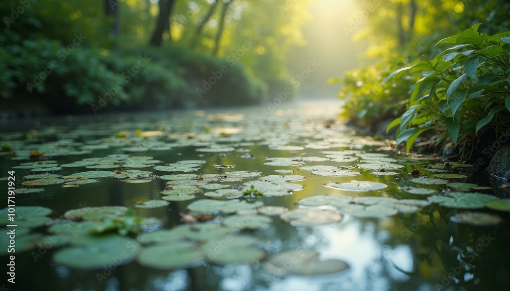 Tranquility Captured in a Still Pond with Floating Green Leaves and Trees in the Background Tranquility Captured in a Still Pond with Floating Green Leaves and Trees in the Background