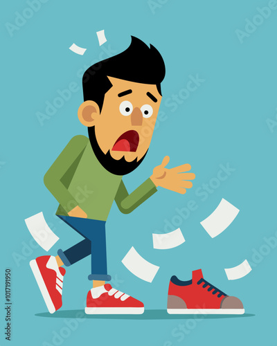 A man lets out a groan as he sees the price of the limited edition sneakers he had been waiting in line for.. Vector illustration
