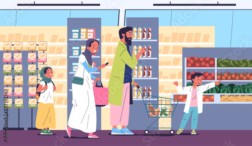 Muslim family supermarket. Arabic parents and children together choosing food product inside grocery shop, arabian shopper ramadan purchase shopping, classy vector illustration