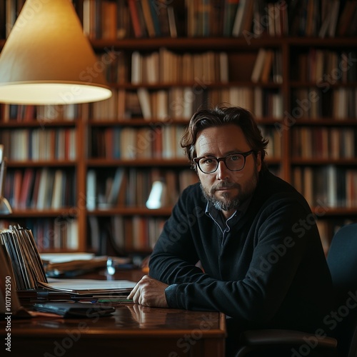 A man with glasses and a beard sits at a desk in a library with a book and lamp.