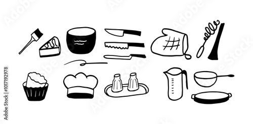 Baking Doodle Set | Minimalist Two Color Black & White Vector Illustration