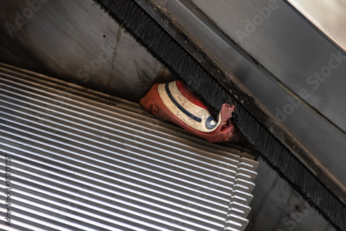 child's shoe caught in escalator