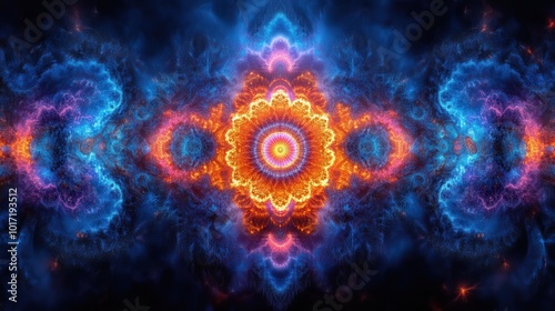 Vibrant Cosmic Mandala With Glowing Orange And Blue Fractal Patterns In Abstract Symmetrical Design