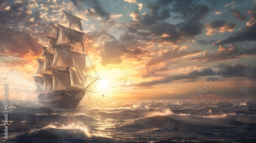 An ultra realistic scene of a ship in a storm. tall ship bravely navigating through a tumultuous sea under a stormy sky, where light breaks through the dark clouds.
