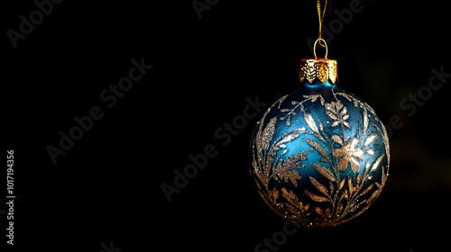 New Year decor. Christmas decoration. Beautiful vintage blue Christmas bauble decorated with a golden ornament on a black background. New Year and Christmas traditions. Horizontal banner. Copy space