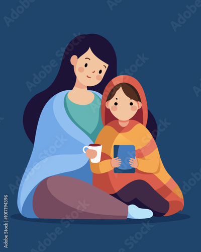 A mother and daughter snuggle under a cozy blanket while watching a movie keeping warm with their energyefficient heating system.. Vector illustration