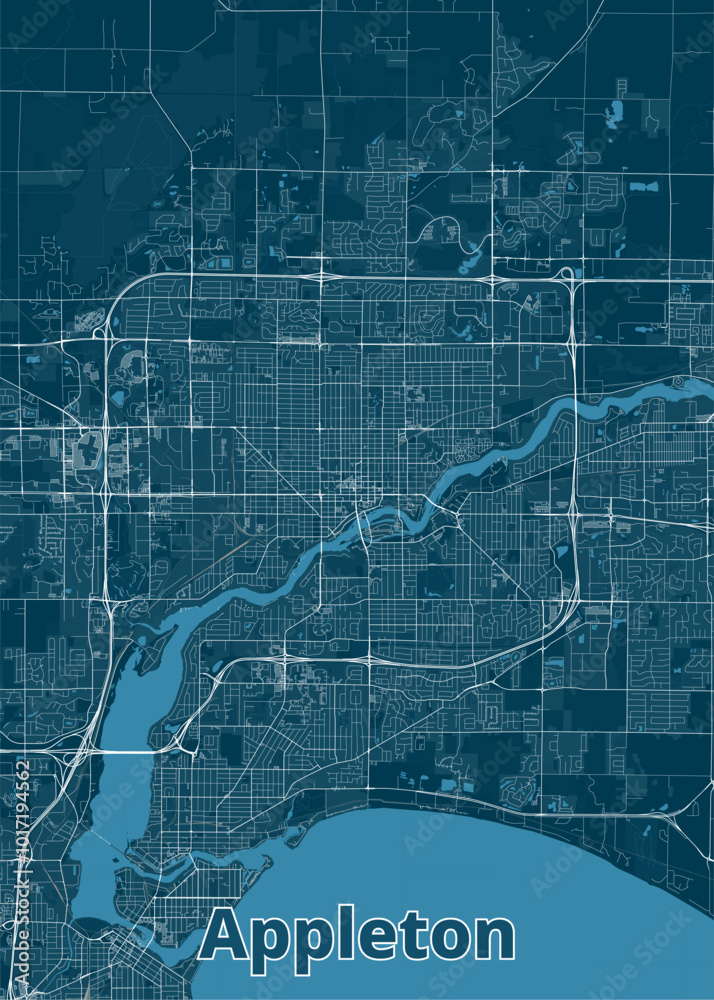 Obraz premium A detailed map of Appleton, Wisconsin, rendered in a minimalist style. The map features a dark blue background with white lines representing streets and roads.