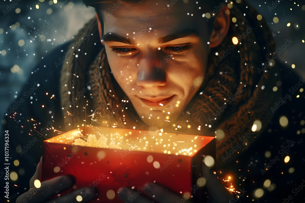 Young man holding open present box with golden light and sparkles. christmas anniversary valentines day gift. High quality photo Young man holding open present box with golden light and sparkles. christmas anniversary valentines day gift. High quality photo