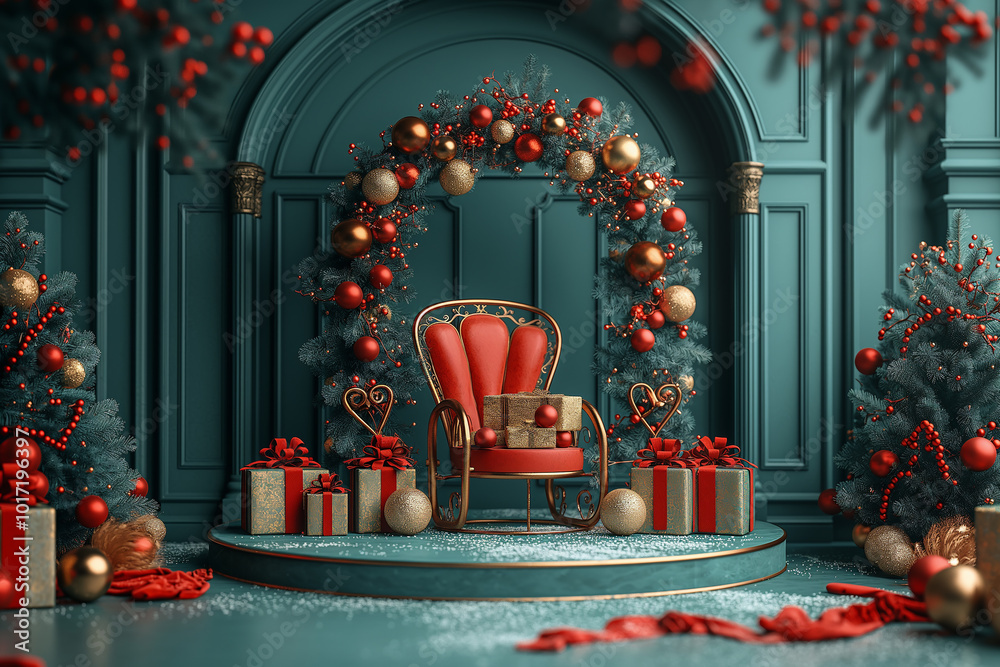 A Christmas scene with a red chair and a tree with a gold bow A Christmas scene with a red chair and a tree with a gold bow