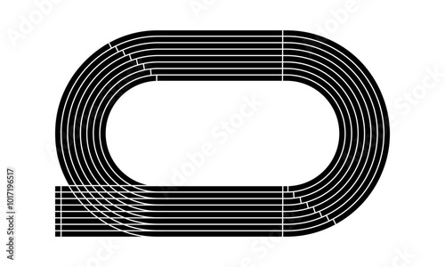 Black running track icon. Stadium top view. Racetrack for sprint, marathon or other athletic sports competition isolated on white background. Vector graphic illustration.