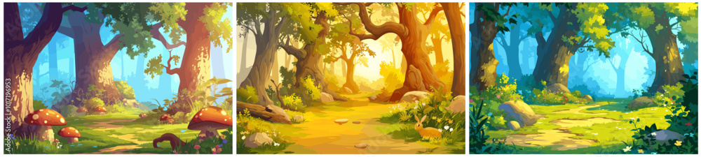 Obraz premium beautiful sunny forest cartoon. fairytale thicket, sun rays mushrooms path trees green meadow summer nature kind bright landscape vector illustration