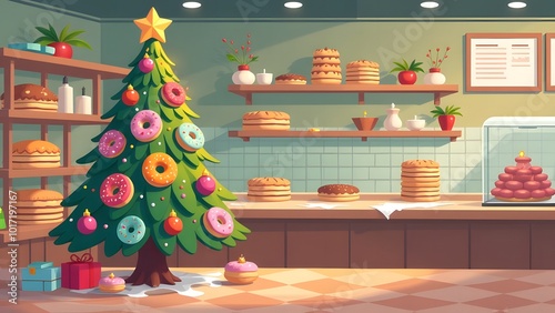 A festive bakery with a Christmas tree and delicious treats for the holiday season