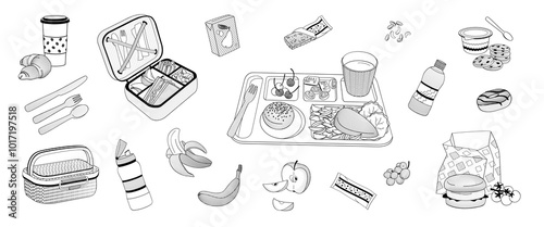 school cantine nutrition set, food tray, lunchbox, burger, fruits, drinks, snacks